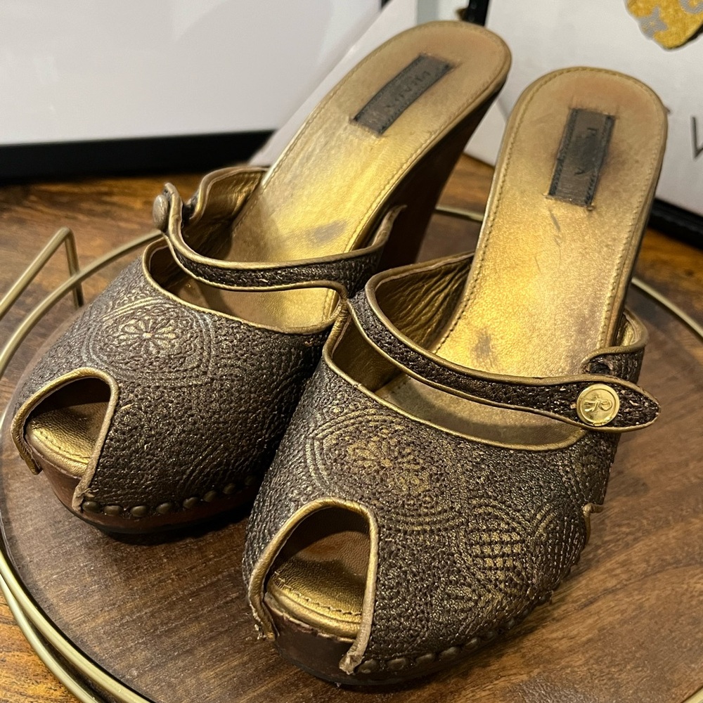 Prada Vintage Gold & Brown Wedge Shoes - Picture 2 of 7